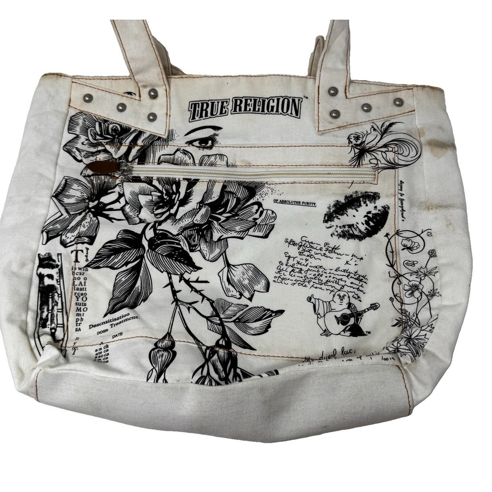 True Religon Beige Canvas Tote Bag Purse Metal Detail Outside Pocket RARE